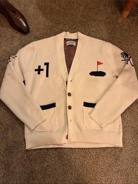 Bogey Boys Cream Golf Motif V-Neck Button Cardigan